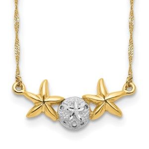 14k Yellow Gold & White Rhodium 17 Brushed & Sand Dollar Starfish Charm Necklace